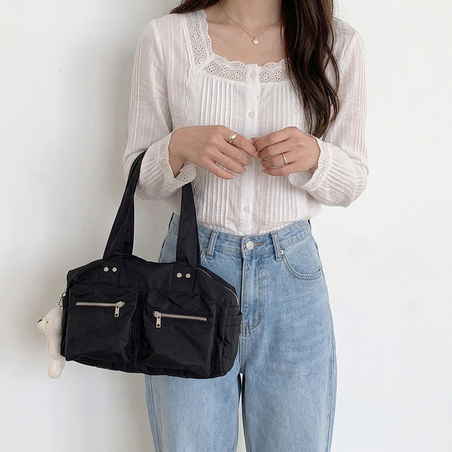 여성 나일론 미니 숄더백 멀티포켓 투포켓 지퍼 보스턴백 토트백 데일리 가벼운 여자 보부상 빈티지 가방