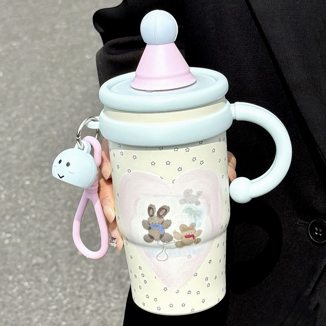 BLACK k7물컵 휴대용 손잡이 빨대 대용량 스텐 텀블러, 1개, 600ml, 화이트