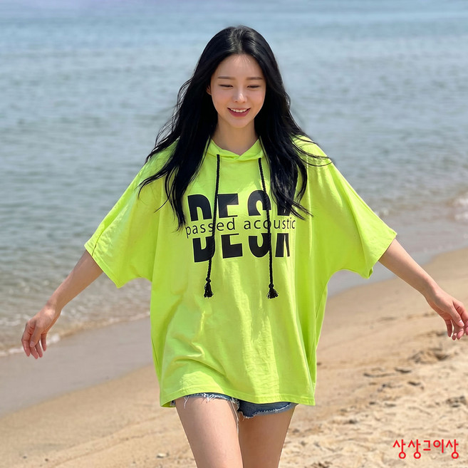 상상그이상 여성용 국내제작 데스크 후드 티셔츠 포인트 영문 레터링 루즈핏 반팔 티셔츠