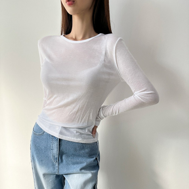 5color 간절기 텐셀 베이직 시스루 라운드넥 긴팔 슬림핏 티셔츠