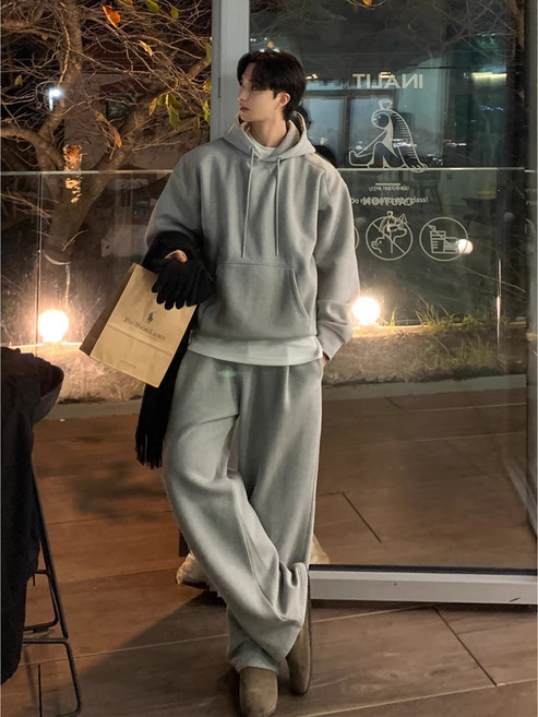 ANYOU 남성 무지 후드티 세트 상하의 세트 오버핏 맨투맨 + 와이드팬츠 캐주얼 데일리 맨투맨