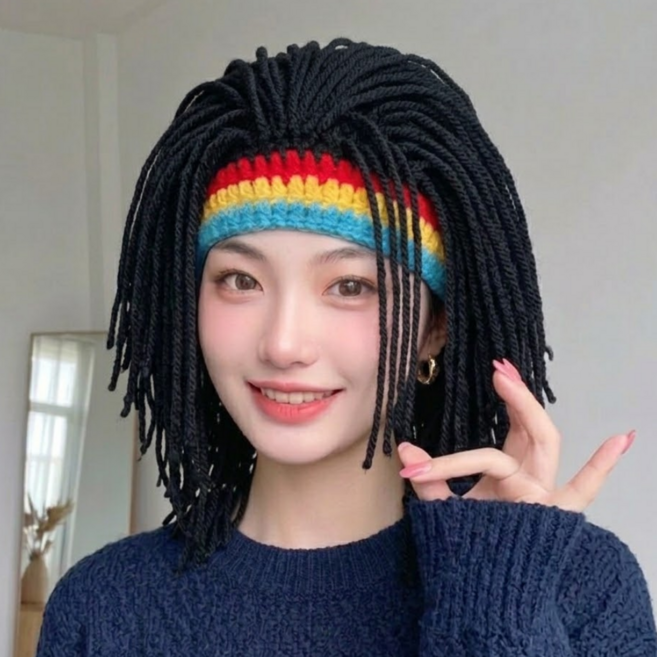 리빙릿 레게 머리 가발 니트 비니모자 파티 코스프레, 1개, 레게 블랙