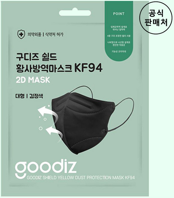구디즈 쉴드 황사방역 마스크 블랙 대형 KF94, 1개입, 5개
