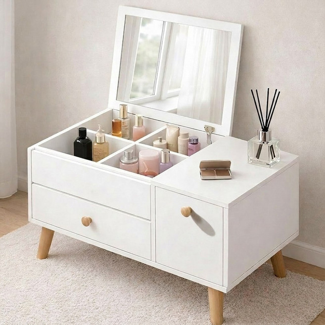 소프트엣지 LED 미니 좌식 화장대, 화이트 우드 60cm