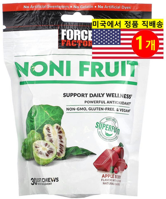 미국산 포스팩터 노니 500mg 애플베리맛 30츄어블 Force Factor Noni Fruit 선물증정, 1개, 30정
