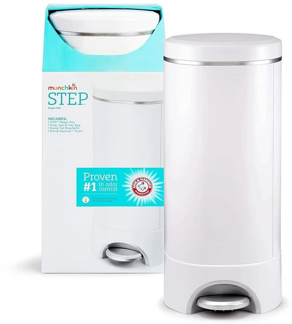 Munchkin STEP 팔과 망치로 작동하는 기저귀 통 냄새 조절 부문 1위 수상 경력이 있는 이 제품에는 스냅 씰 앤 토스 가방 1개 스타터 리필 링 PUCK 베이킹, Diaper Pail - 쿠팡