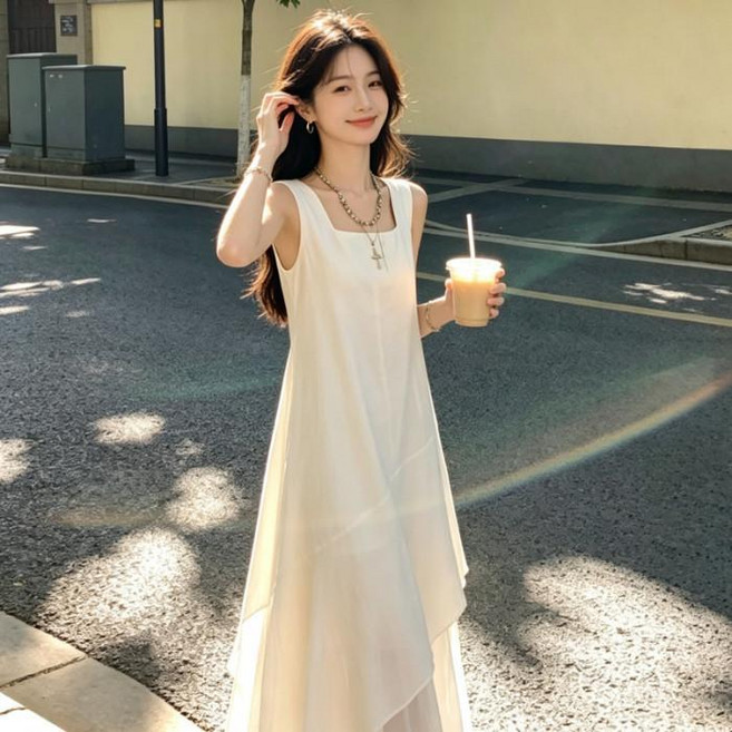 女款長洋裝 白色 法式 休閒 約會穿搭, 白色（锦棉皱+内里+锻丝）,2XL