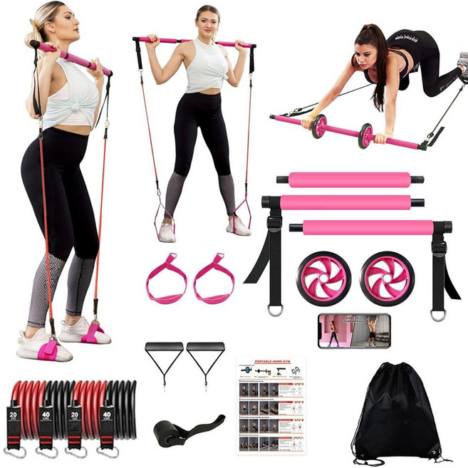 필라테스 바 키트 저항 밴드가 있는 멀티 피트니스 바 Ab 롤러.코어 근력 운동 장비. 남녀용 스쿼트 머신. 전신 여성을 위한 휴대용 홈, Pink, 1개