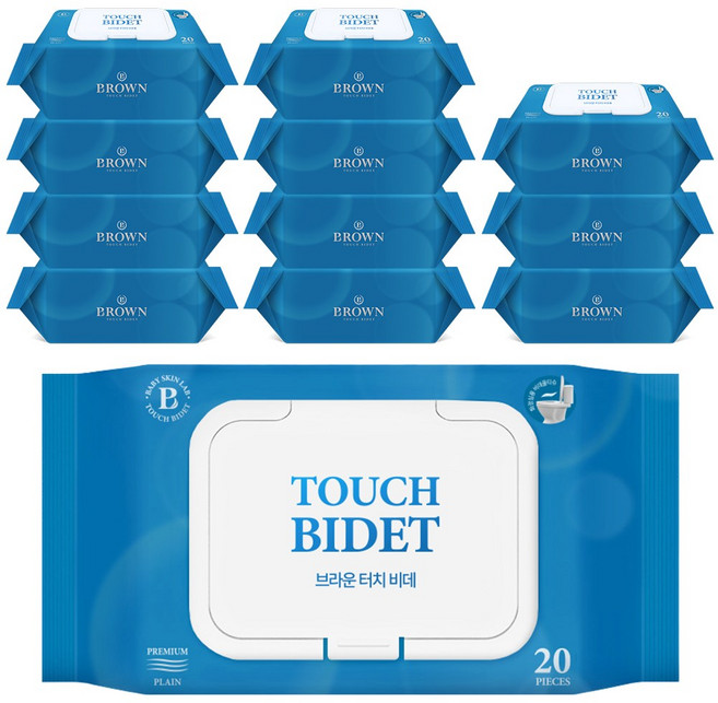 브라운 터치 비데 물티슈 물에 잘 녹는 화장실용 저자극 비데티슈 캡형, 55g, 20매, 12개