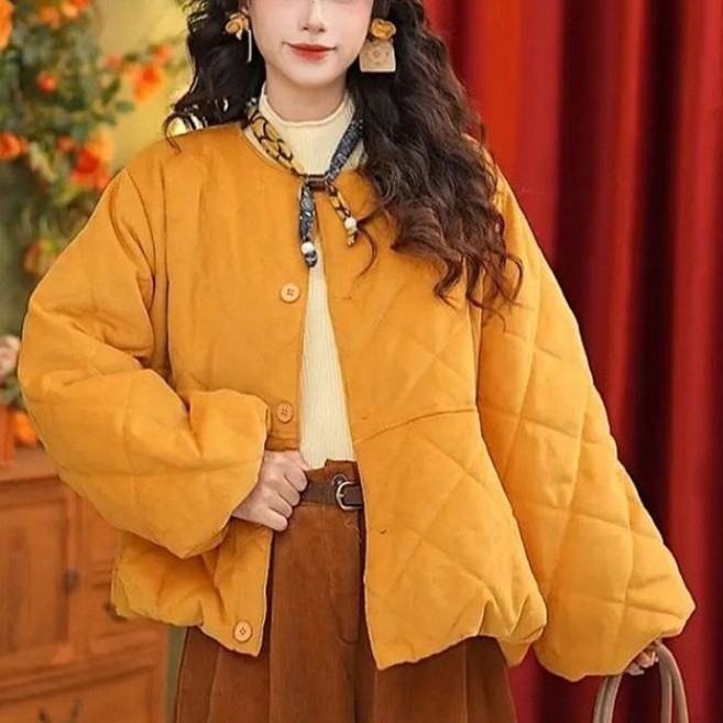 輕量型保暖菱格壓紋鋪棉外套 菱格棉服 短款棉服 菱格絎縫外套 菱格寬鬆冬季圓領保暖純色顯瘦加厚棉服韓系棉衣外套