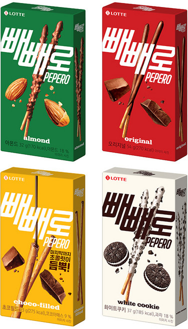 빼빼로 4종 아몬드빼빼로 32g 10개 + 초코빼빼로 54g 10개 + 초코필드빼빼로 53g 10개 + 화이트쿠키빼빼로 37g 10개 / 총40개, 1세트, 1.81kg