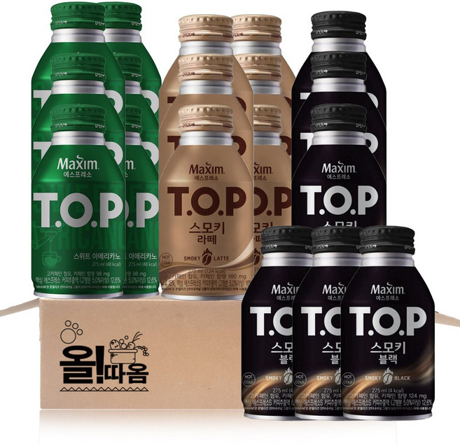티오피 TOP 커피음료 275ml 3종 기획세트(스위트아메리카노6+스모키블랙6+스모키라떼6), 18개