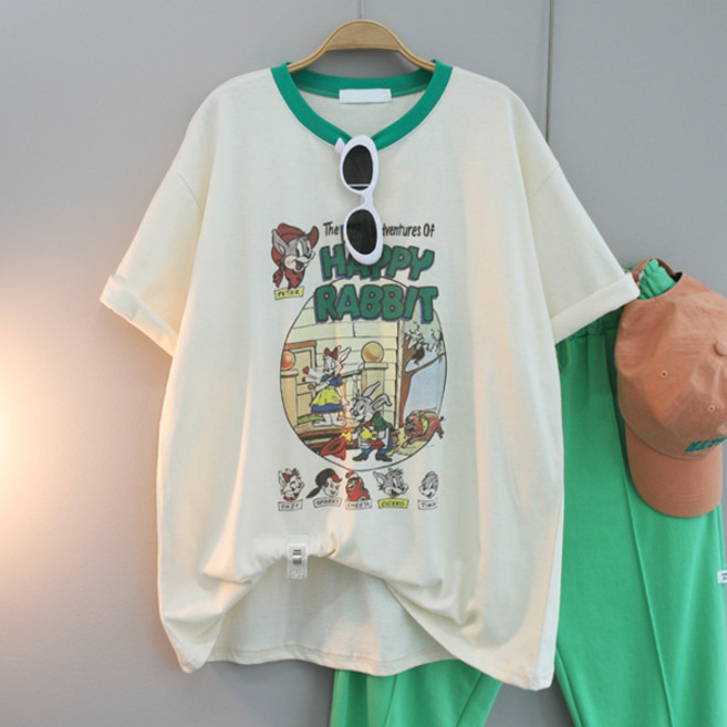 달콩 여성 래비트프린팅박스반팔티 루즈핏 롱티