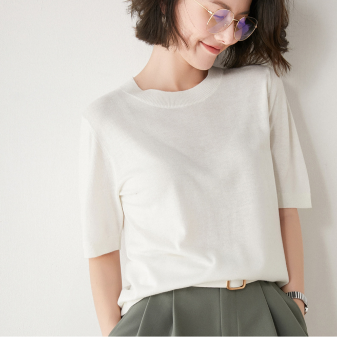MS HOME 여성 모달 라운드넥 반팔 니트