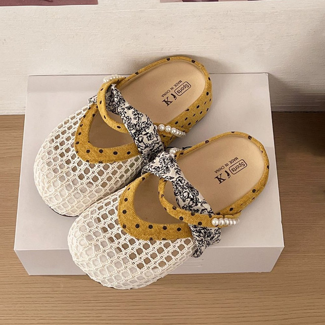 ROYALBELLE 여성 키높이 5CM 통굽 앞막힘 꼬임 도트 메쉬 리본 캐주얼 샌들