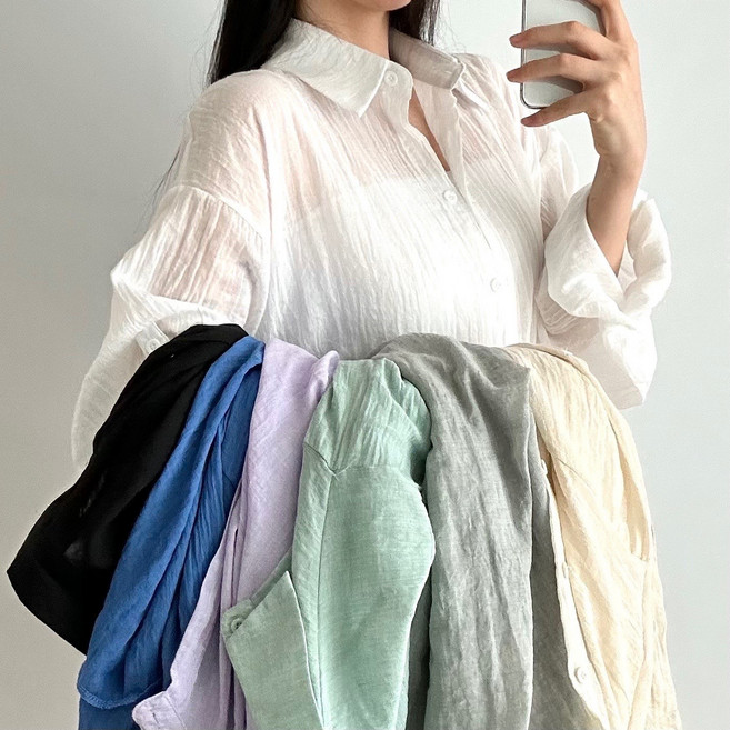 더한땀 여성 오버핏 아사면 시스루 셔츠 블라우스 여름 빅사이즈 살안타템