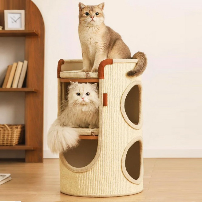 먀오샤오위안 2단 캣타워+트리하우스 일체형 조립없는 즉시사용 다묘 가구 친환경 시서스 스크래쳐 통], 1개, 베이지