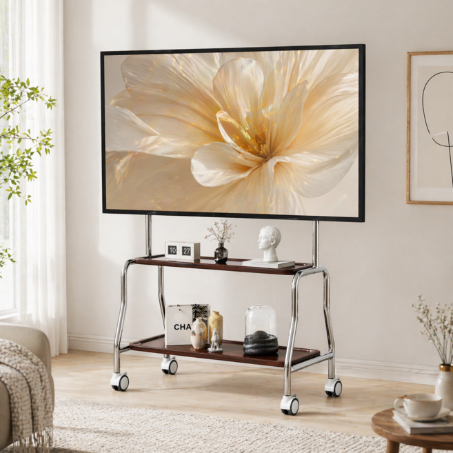 32-75인치 호환 스테인리스 스틸 이동식 TV 거치대 선반 포함 바퀴 달린 TV 카트 실내외 겸용, 1개, 이중 TV 스탠드,실버+브라운