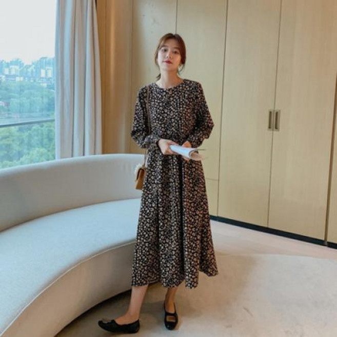 [뉴욕멋쟁이] 국내배송 젤로브 프릴 레오파드 원피스 캐주얼 호피무늬 패턴 라운드넥 플레어 롱원피스