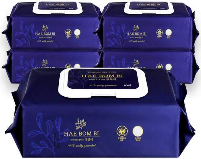 해봄비 프리미엄 물티슈(캡형)60매 x 5개 간병인 요양원 캠핑, 60개입