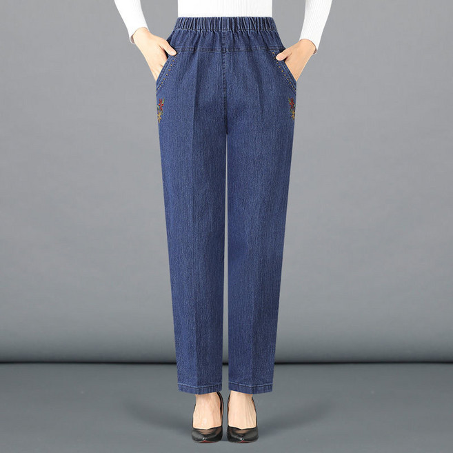 중장년 엄마 청바지 하이웨스트 캐주얼 할머니 밴딩 바지 봄 가을 중년 여성 슬랙스 일자 바지 YJW