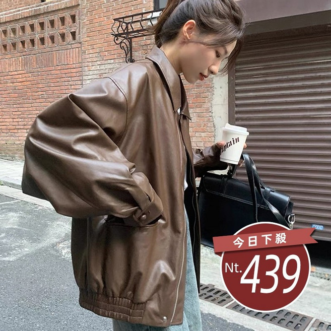 韓版寬鬆復古皮衣 外套 防曬外套 女裝 上衣 衣服【J382】, 黑色