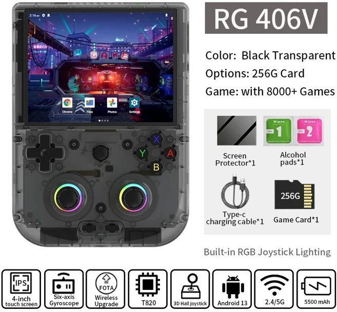 안베르닉 RG406V 휴대용 게임 콘솔 4인치 IPS 멀티터치 스크린 안드로이드13 5500mAh 레트로 게임 콘솔 WIF, 01 CHINA, 02 Only Game Consoles, 08 Black TR 256G
