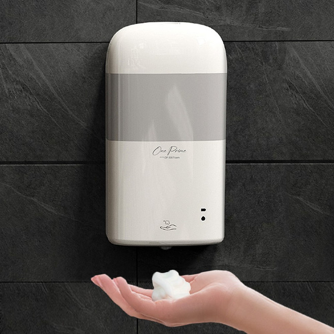 원프라임 자동 손세정기 거품 비누 디스펜서 핸드워시 손세정제 욕실 주방 벽걸이형 800ml 대용량 OP-308, 1개, 화이트+라이트그레이
