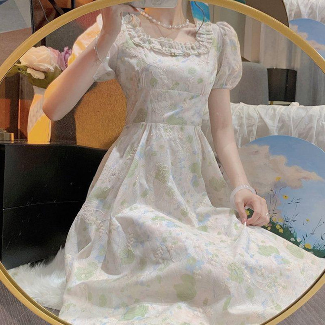 碎花洋裝 法式方領連衣裙, 碎花