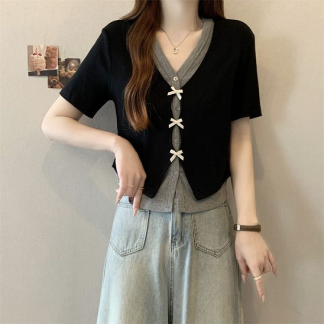 MIREA 여성 반팔 이중 니트 가디건 브이넥 나들이 봄여름 데일리 CTX12