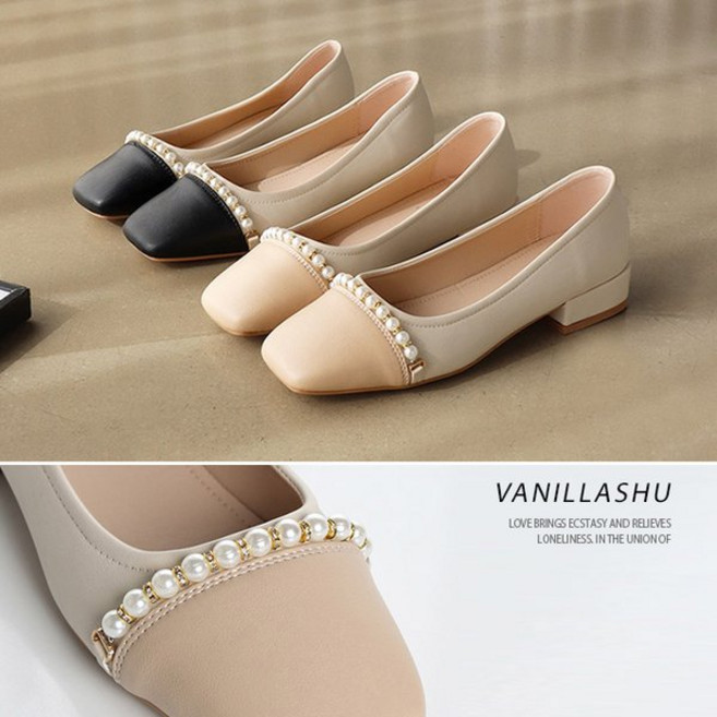 바닐라슈 리올드 각코 배색 진주장식 플랫슈즈 3cm