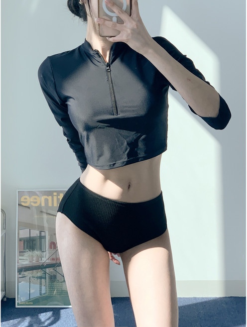 라포로 반집업 크롭 래쉬가드 상의, 블랙