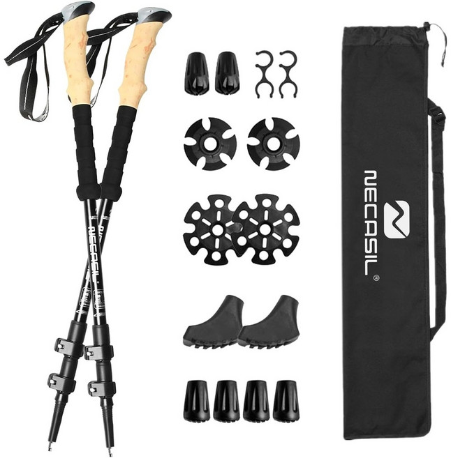 NECASIL 카본 트레킹 폴 2개 세트 코르크 그립 등산 스톡 105-125cm 조정가능 경량 알루미늄 등산 스틱