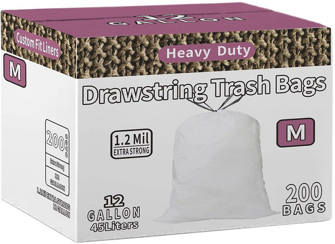 AngeLvet Code M simplehuman M과 호환되는 드로스트링 쓰레기 봉투 | 총 200개 12갤런 / 45리터 1.2mm 두께 흰색 쓰레기통 라이너 튼튼한 플라스, 기본 옵션