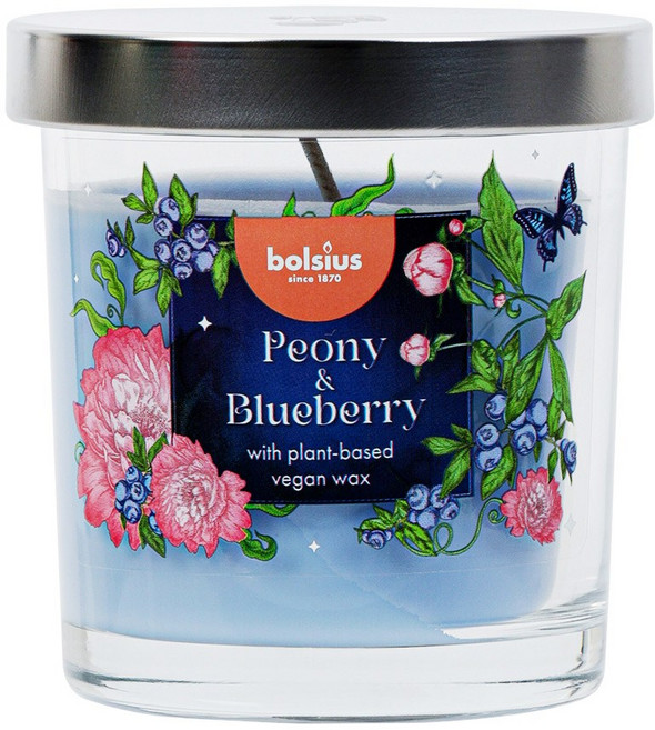 리드 글라스 캔들 향초 25시간 연소 식물성 비건 왁스 Bolsius, 1개, 125g, Peony & Blueberry