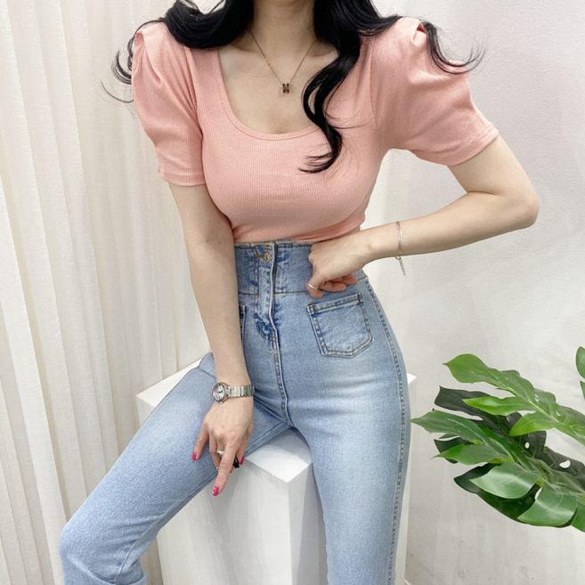 알프 빅 퍼프 골지 스퀘어넥 반팔 티셔츠