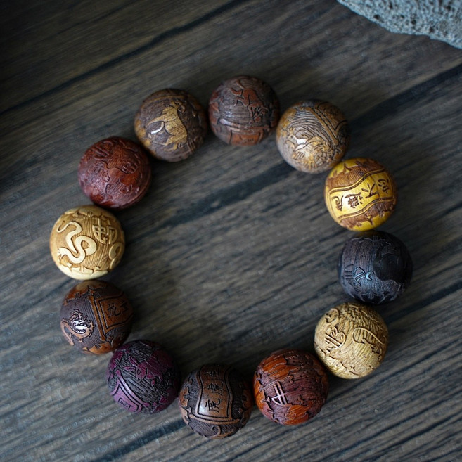 염주 단주 나무 합장주 불교 비휴 기어봉 차량용 부적 스님 악세사리 흑단 절 수제 고급, 12지 다색 염주, 1개