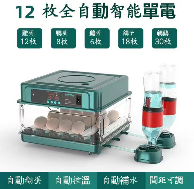 全自動智能孵蛋器 128枚容量 抽屜式孵化箱, 12枚單電【自動上水+自動翻蛋】, 1個