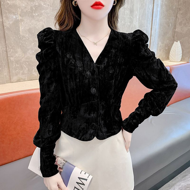 COSYEVNO 여성 벨벳 상의 추동 브이넥 프린트 심플 루즈핏 캐주얼 패션 긴팔 쇼트 상의 CXJcse-21