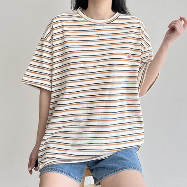 걸즈팩토리 여성용 스칼단가라 스트라이프 루즈핏 반팔티셔츠 국내제작