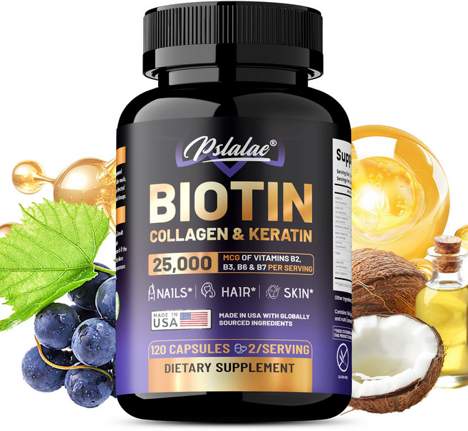 비오틴 | 콜라겐 | 케라틴 - 임상 테스트 보충제 - 모발 성장 지원 피부 및 손톱 - 25000mcg 비타민 B2 B3 B6 및 B7 + B1 및 히알루론산, 1개, 60정
