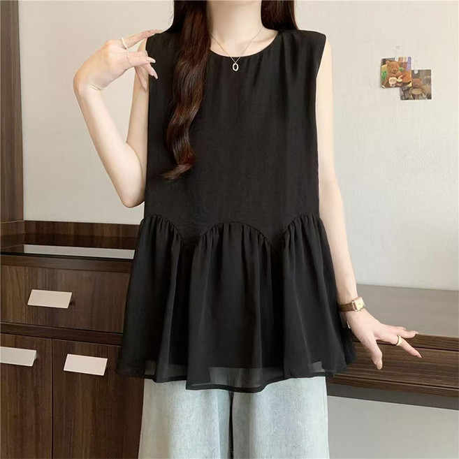 SELEAD 여성민소매블라우스 슬리브리스탑 플리츠티셔츠 민소매티셔츠 허리프릴블라우스 쿨티셔츠