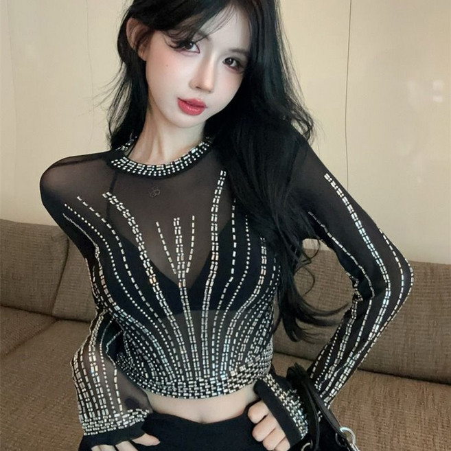 페이준 여성 큐빅 섹시 숏 긴팔 티 시스루 망사 이너 티셔츠 YJ1839