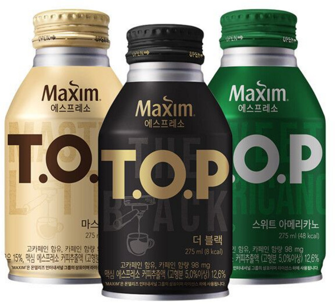 맥심 티오피 275ml x 24캔(더블랙 마스터라떼 스위트아메리카노) 캔커피 TOP 음료수, TOP) 더블랙 275ml x 24캔
