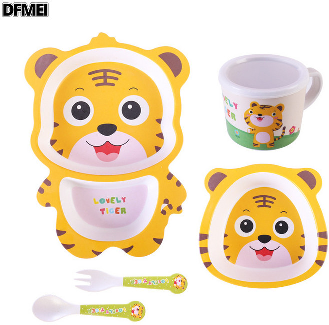 DFMEI 竹纖維餐具套裝兒童分格餐盤嬰兒碗寶寶輔食碗叉勺子杯子, 1個, 小老虎5件套, 參考詳情