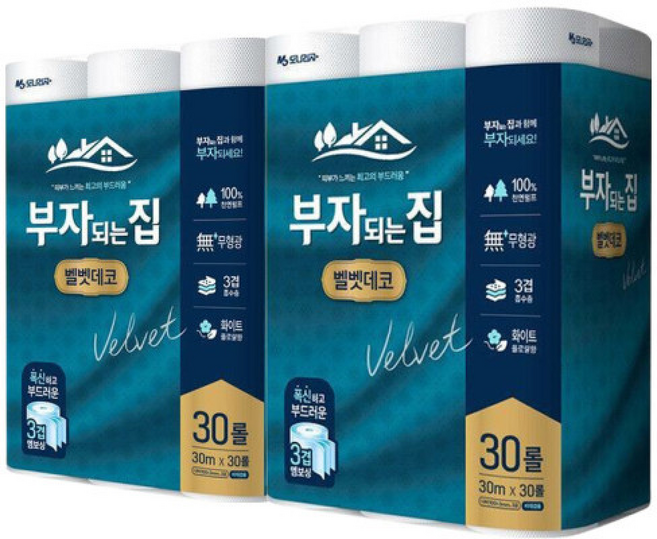 모나리자 부자되는집 벨벳 데코 화장지 30m 30롤 2팩, 1롤