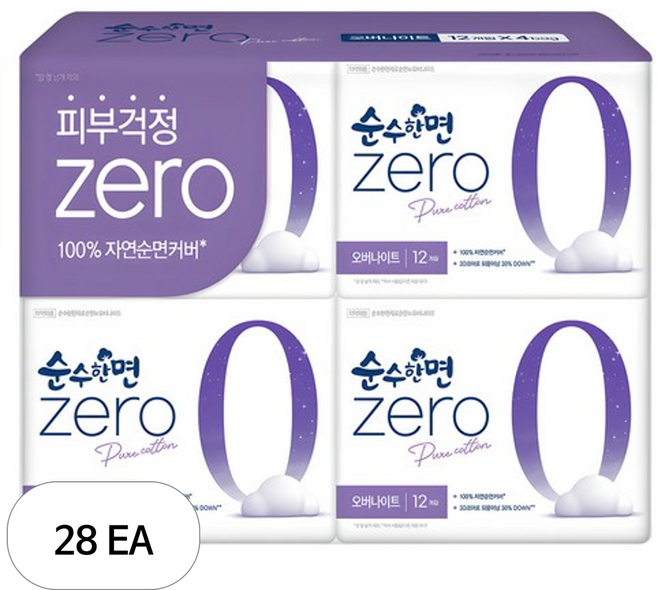 순수한면 제로 순면 뉴 날개형 생리대, 오버나이트, 12개입, 28개