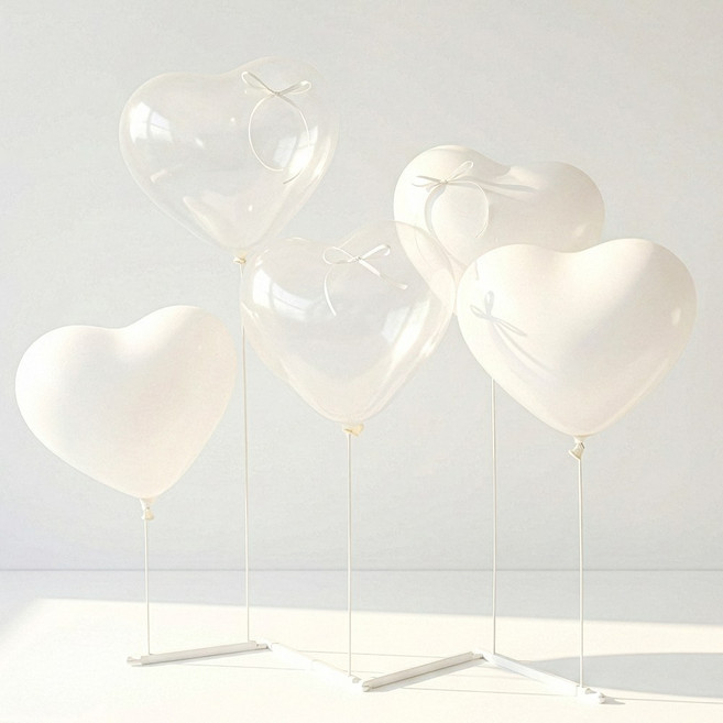 하트 풍선 파스텔 홈파티 프로포즈 발레코어 리본포함 일자형 스탠드, 1개, 03. 퓨어 화이트 (화이트5개 + 투명4개)