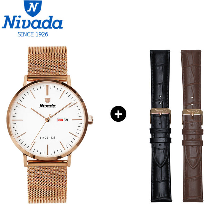 NIVADA 니바다 클래식 남성용 캘린더 메탈시계 1017 (가죽밴드2개증정 3가지연출)니바다 쇼핑백 증정
