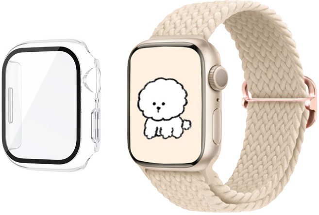 아이비온 애플워치 솔로 루프 니트 스트랩 + 투명 풀커버 케이스, 아이보리, 1개